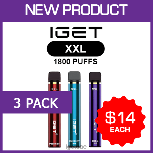 IGET vapes- IGET LP0F8463 ايجيت فيب دبي حجم XXL - 1800 سحبة - 3 عبوات