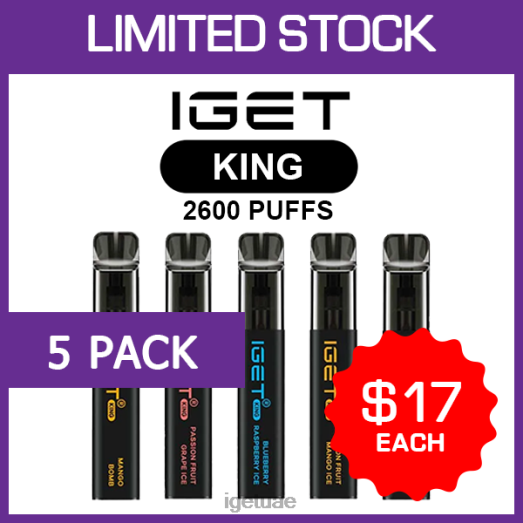 IGET vape dubai- IGET LP0F8475 آيجيت فيب أبو ظبي كينج - 2600 سحبة - 5 عبوات